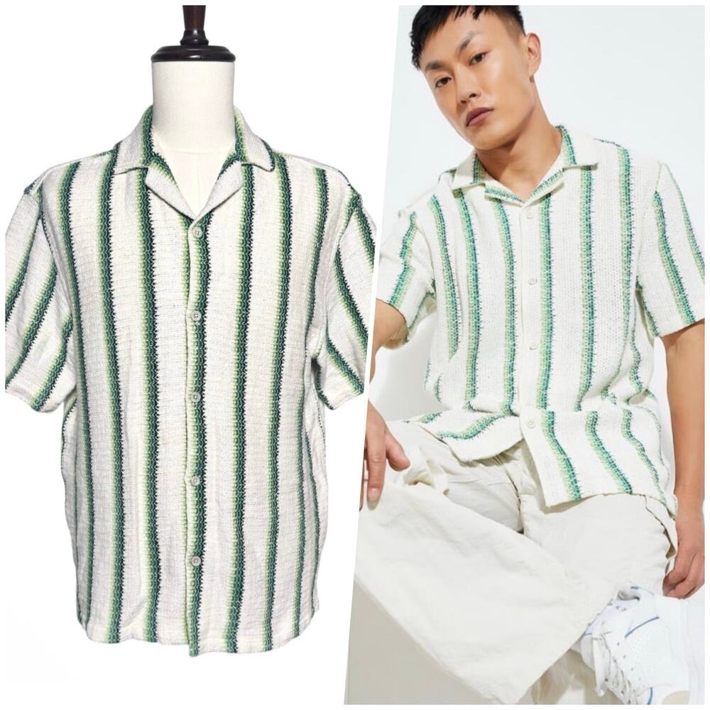 Zara | Men | Wavy Textured Green Cotton Knit Baja Camp Button Up Shirt | Large